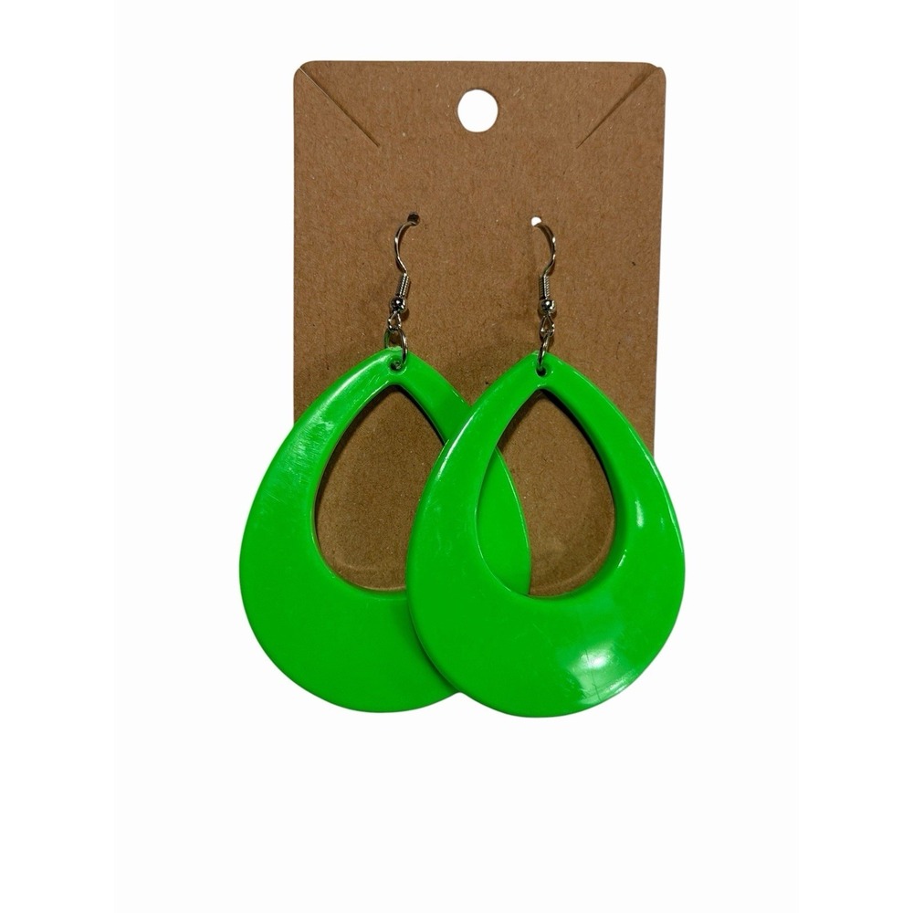 Neon Green‎ Teardrop Earrings Large Lime Plastic Dangle Retro Statement Jewelry